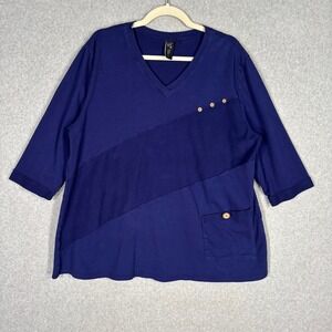 Focus Casual Life Asymmetric Tunic Top XL Navy Button Pocket Lagenlook Artsy